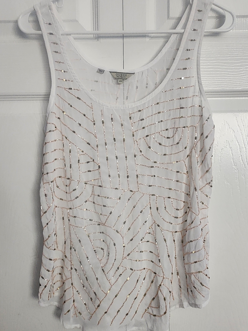 GUESS Y2K White Sheer Tank Top, Pink Beaded Gold Sequin Glam, Womens XS